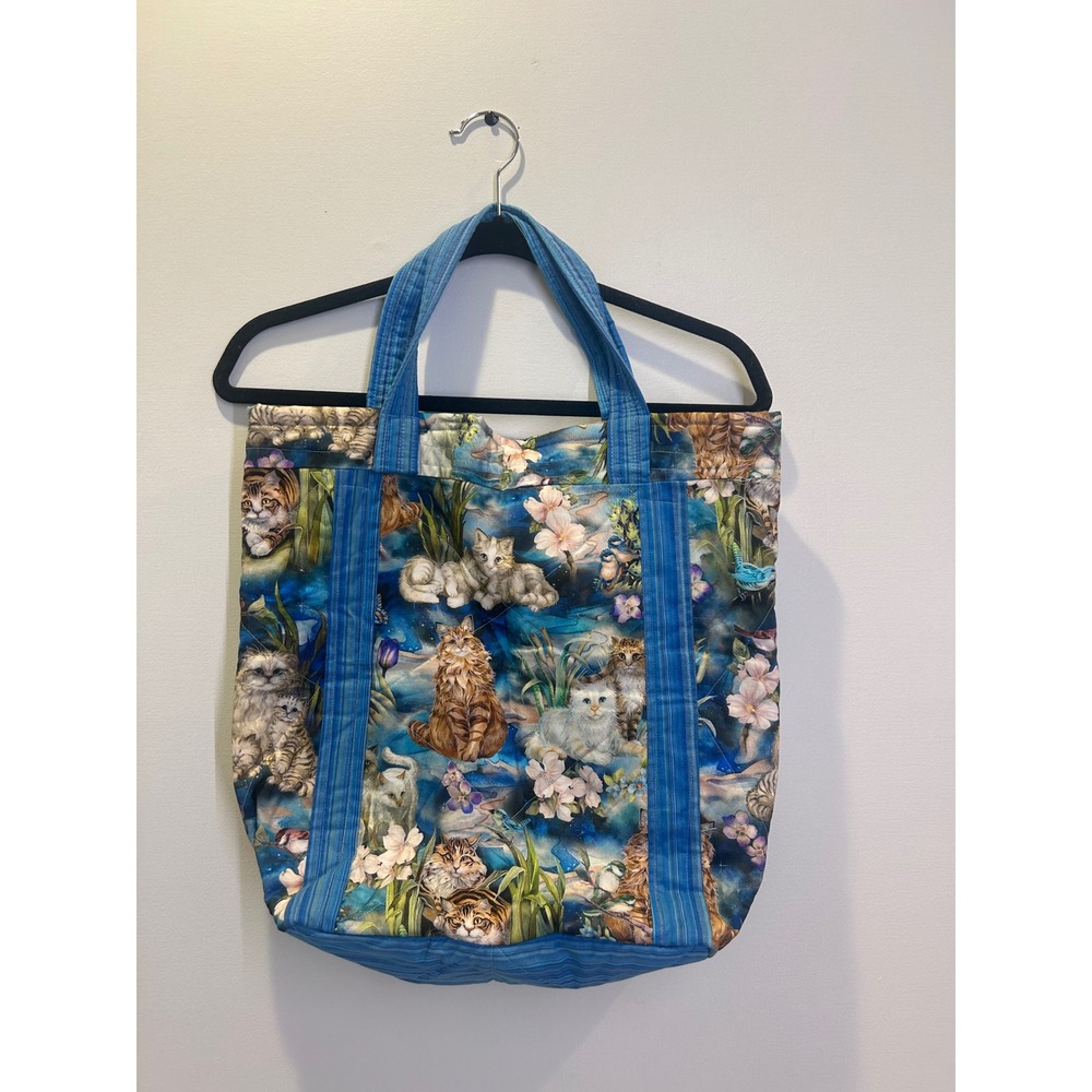 Unbranded Quilted Cat Print Tote Bag Womens Large Blue Floral Kitten Novelty